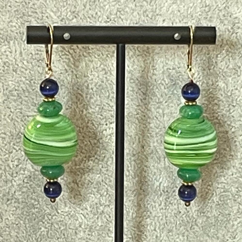 Handmade earrings goldfilled clasps green blue beads dangle